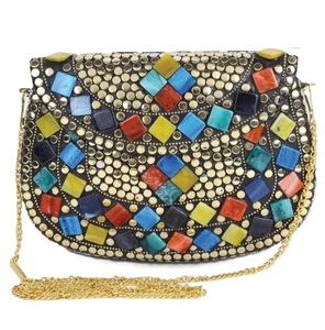 Circular Clutch <b>Bag</b> With Mother Of Pearl Inlay And Silver Plated <b>Studs</b> Fashion Handbag - Product Image 6