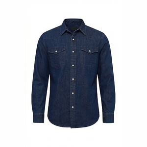 Chemise en jean bleu foncé pour homme, manches longues, boutonnée, coupe décontractée, en coton tissé, couleur unie, pour l'automne - Product Image 2