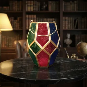 Artisan Design Tapered Glass <b>Lantern</b> with Embossed Red Green Blue Panels <b>Gold</b> Frame Handmade Irregular Shape Home Decoration - Product Image 4