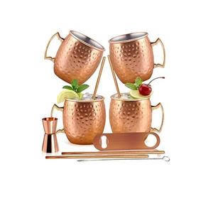 Ensemble de 4 tasses à Moscow Mule en cuivre martelé, 16 oz, avec doublure en acier inoxydable et poignées en laiton doré, pour boissons froides - Product Image 1