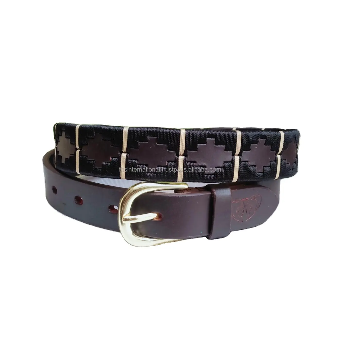 High Quality Black with Gold Strip Dark Brown Leather Polo Belt Genuine Leather Belt Hand Stitched - Zinc Alloy Buckle