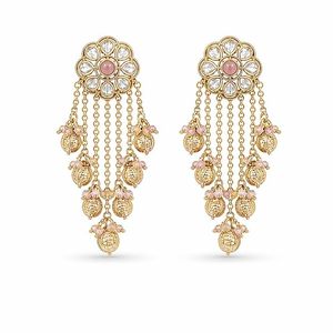 Boucles d'oreilles pendantes vintage plaquées rhodium avec cristaux de strass taille brillant motif floral pour femme, bijoux de mode Jhumka - Product Image 1