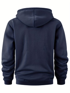 Sudadera con Capucha y Cierre de Cremallera a la Mitad para Hombre, Color Azul Marino, Corte Regular, Color Sólido, Felpa de Algodón, Sudadera Informal de Invierno - Product Image 2