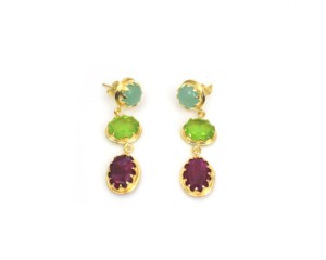 Boucles d'oreilles pendantes multi-gemmes en laiton plaqué or 18 carats, style vintage, formes mélangées, serties de pierres violettes pour femme - Product Image 1