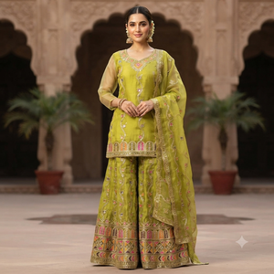 STAR IMPEX Elegante Salwar Kameez de Organza de Seda Verde Bordado con Cuello en V y Mangas Tres Cuartos, Estilo Fiesta, Largo hasta la Rodilla, para Todos - Product Image 3
