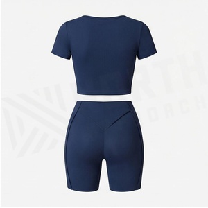 North Approach 2 Piece Yoga Set Scoop Neck Crop Top High Waist Shorts Solid <b>Navy</b> Blue Breathable Seamless Sportswear - Product Image 2