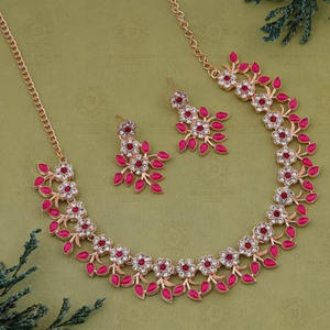 Luxury Ethnic Rose Gold Plated Pink Stone Flower <b>Choker</b> Set Bohemian Leaf Design Statement Necklace Wedding Engagement Party - Product Image 6