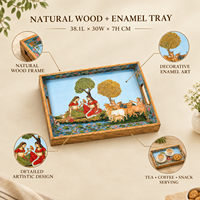 Plateau de service en émail et bois naturel Heritage |   Assiette rectangulaire traditionnelle indienne pour mariage, Diwali, thé, café, collations et repas