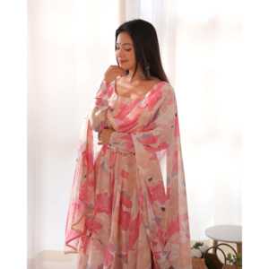 Prêt-à-porter DKB-265 Anarkali Robe évasée avec tissu imprimé multi-fleurs Ensemble Dupatta Vêtements et accessoires traditionnels musulmans - Product Image 5