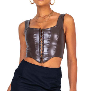Women's <b>Brown</b> Faux Leather Strapless Crop Top With Hollow Back Sexy Club Style Tank Top - Product Image 2