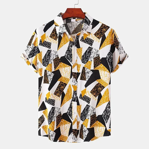 เสื้อฮาวายลายต่อผ้าสไตล์วินเทจสำหรับผู้ชาย สีสันสดใส พิมพ์ลายสี่เหลี่ยมสามมิติ แขนสั้น สวมใส่สบาย ติดกระดุม ทรงหลวม - Product Image 3