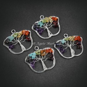 Pendentif en métal rectangulaire fait à la main naturel Style Feng Shui Agate Gemstone Life Tree of Life Design - Product Image 4