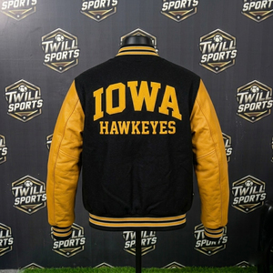 Iowa Hawkeyes Men's Varsity Jacket Black <b>Gold</b> Sleeve Embroidered Stand Collar Single <b>Button</b> Polyester Filled Winter Casual Wear - Product Image 3