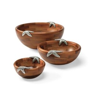 Ensemble de 3 bols en bois de qualité supérieure avec motif étoile de mer, bols décoratifs pour servir des fruits, des salades, des collations, pour la cuisine et la salle à manger - Product Image 1
