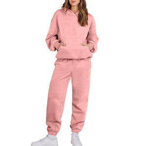 Women <b>Pink</b> Hooded <b>Tracksuit</b> Full Length Loose Fit Solid Color Casual Sweatshirt And Pants Set With Drawstring Closure - Product Image 1
