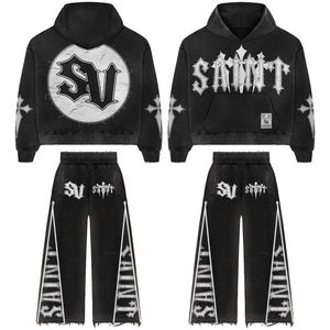 Conjunto de chándal de 2 piezas con lavado ácido, sudadera con capucha de manga raglán y pantalones acampanados, talla grande XL, invierno, con logo, envío aéreo - Product Image 4