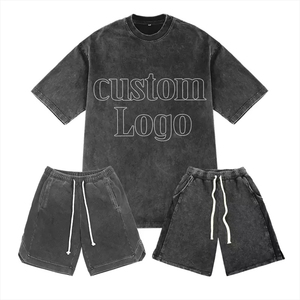 Conjunto de Camiseta y Pantalones Cortos de Algodón con Lavado Ácido para Hombre, Logotipo Personalizado, Cuello Redondo, Estilo Casual de Verano, Camiseta Transpirable de Manga Corta - Product Image 1
