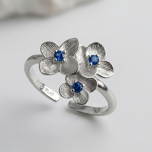 925 Sterling Silver Blue Sapphire Flower <b>Ring</b> <b>Adjustable</b> Open Band Floral Cluster Design Handmade Elegant Women’s Fine Jewelry - Product Image 1