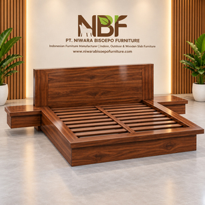 Hotel Guestroom Solid Teak <b>Wood</b> Low Profile Taverno <b>Platform</b> <b>Bed</b> with Slatted Support and Built In Side Tables Wholesale Supply - Product Image 6