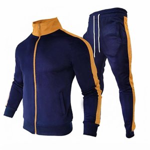 Survêtement pour homme bleu marine et jaune moutarde avec veste zippée à col montant et pantalon à cordon de serrage – Tenue décontractée pour l'automne - Product Image 1