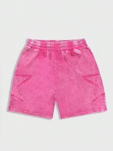 Shorts en molleton 100% coton de haute qualité, style streetwear, avec cordon de serrage, effet délavé, patchwork brodé et déchiré. - Product Image 2
