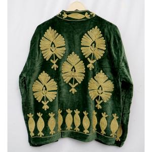 Vintage Green Velvet Embroidered Eco-Friendly <b>Reversible</b> Unisex <b>Coat</b> Mandarin Collar Three Quarter Sleeve All Seasons Outerwear - Product Image 6