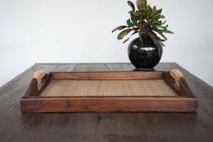 Plateau à thé en bois, plateau de service en bois dur et bambou pour le thé ou le pique-nique, plateau de service de style ottoman, fait main en Thaïlande - Product Image 5