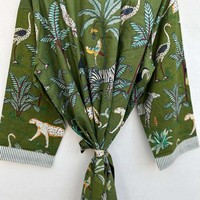 Bata Kimono Larga de Algodón Estampado con Cuello en V y Cintura Ajustable, Lavable a Máquina, para Maternidad, Dama de Honor o Ropa de Noche