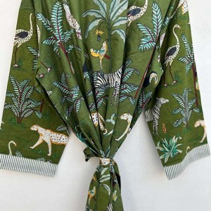Bata Kimono Larga de Algodón Estampado con Cuello en V y Cintura Ajustable, Lavable a Máquina, para Maternidad, Dama de Honor o Ropa de Noche - Product Image 3