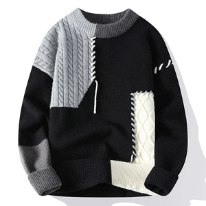 Suéter de punto para hombre con cuello redondo y media cuello alto, estilo patchwork, para parejas, con forro polar - Product Image 2