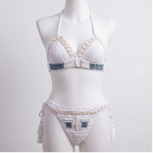 White <b>Crocheted</b> Bikini <b>Set</b> With Beading And Tassel Details Halter Neck <b>Two</b> <b>Piece</b> Swimwear For Women - Product Image 1