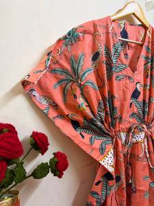 Women's Red Floral Print 100% Cotton Straight Maxi <b>Kaftan</b> <b>Dress</b> V Neck Batwing Sleeves Drawstring Eco-Friendly Breathable Daily - Product Image 2