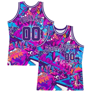 Venta al Por Mayor Directa de OMMIZ INDUSTRY, Jersey de Baloncesto Auténtico con Patrón de Graffiti Personalizado de Primera Calidad, Morado y Blanco, con Letras en 3D - Product Image 1