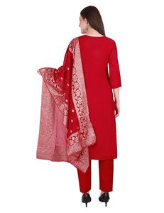 SAZU Red <b>Kurta</b> Set for <b>Women</b> with Embroidered Dupatta | Elegant 3 Piece Ethnic Wear Suit Set for Festivals, Parties & Weddings - Product Image 2