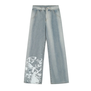 Vaqueros anchos de pierna recta con estampado abstracto blanco, lavado a la piedra, corte ajustado, estilo streetwear, de algodón con estampado por descarga. - Product Image 1