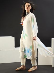 Women's <b>Linen</b> Printed Floral Straight Kurta & Pant With Dupatta Set - Product Image 2