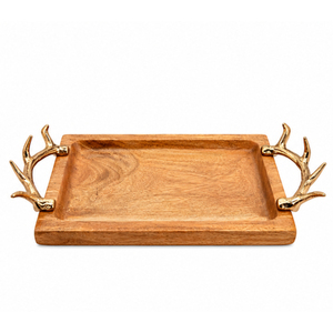 Bandeja de Servir de Madera de Mango de Lujo Hecha a Mano con Asas de Latón con Forma de Hoja de Ginkgo, Centro de Mesa Decorativo Rectangular - Product Image 2