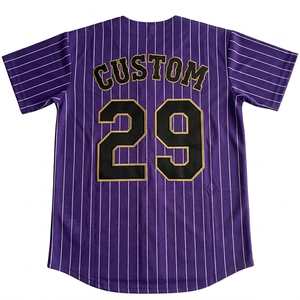 Purple pinstripe baseball sports jersey Breathable cotton short sleeve v neck full button vintage <b>athletic</b> fit sports jersey - Product Image 2