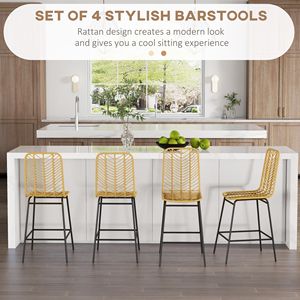 Set di 4 Sgabelli da Bar in Vimini Giallo, Altezza Bancone, con Gambe in Acciaio, Struttura in Legno, Poggiapiedi Robusto per Sala da Pranzo, Cucina, Pub - Product Image 4