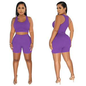 Ensemble deux pièces pour femme : débardeur court violet uni à col rond et short cycliste assorti – Vêtements de sport OEM ODM en gros - Product Image 1