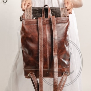 LW Summer Vintage Style Rock Bohemian Fashion Genuine Leather Shoulder <b>Backpack</b> Geometric Pattern Handmade Dress Brands - Product Image 3