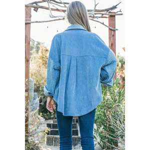 เสื้อเชิ๊ตแขนยาวผ้าลูกฟูกสำหรับผู้หญิงเนื้อผ้าคอนทราสต์แบบมีกระดุม - Product Image 4