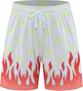 Pantalones Cortos Deportivos Casuales de Poliéster Transpirable con Estampado de Llamas a Cuadros para Hombre, Cintura Media, Largo Corto - Product Image 1