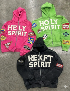 Distressed Embroidery Logo <b>Hoodie</b> Heavyweight French Terry Direct Factory Made Embroidery Patches Acid Wash <b>Zipper</b> Hoodies - Product Image 4