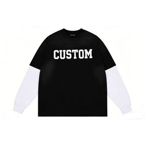 Custom Oversized Long Sleeve <b>T</b>-<b>Shirt</b> Black <b>White</b> Contrast Crew <b>Neck</b> Unisex Casual Knitted 100 Cotton Full Print Letter Logo - Product Image 1