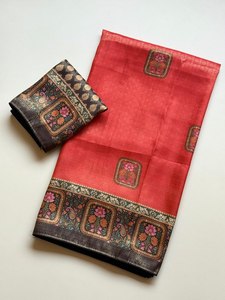 Sari de seda rojo con motivos florales y borde para bodas, ropa tradicional india y pakistaní para mujeres - Product Image 1
