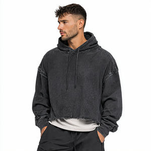 Sudadera con capucha corta lavada de moda para hombre, estilo urbano, para invierno, para correr, con hombros caídos - Product Image 2