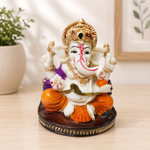 Statue de Ganesha en résine faite à la main par Nirmala Handicrafts, souris couronnée |   Décoration de table pour temple domestique traditionnel de Diwali - Product Image 1
