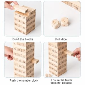 Tour de blocs empilables en bois, 54 pièces numérotées, en pin naturel, hauteur 27 cm, base 7,5 cm, fournitures pour fêtes - Product Image 4