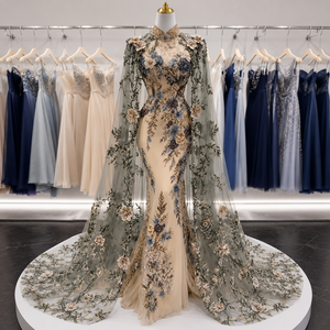 Robe de soirée sirène de luxe brodée florale avec cape transparente, col montant, soutien-gorge intégré et traîne Watteau - Robe de mariée de créateur - Product Image 1